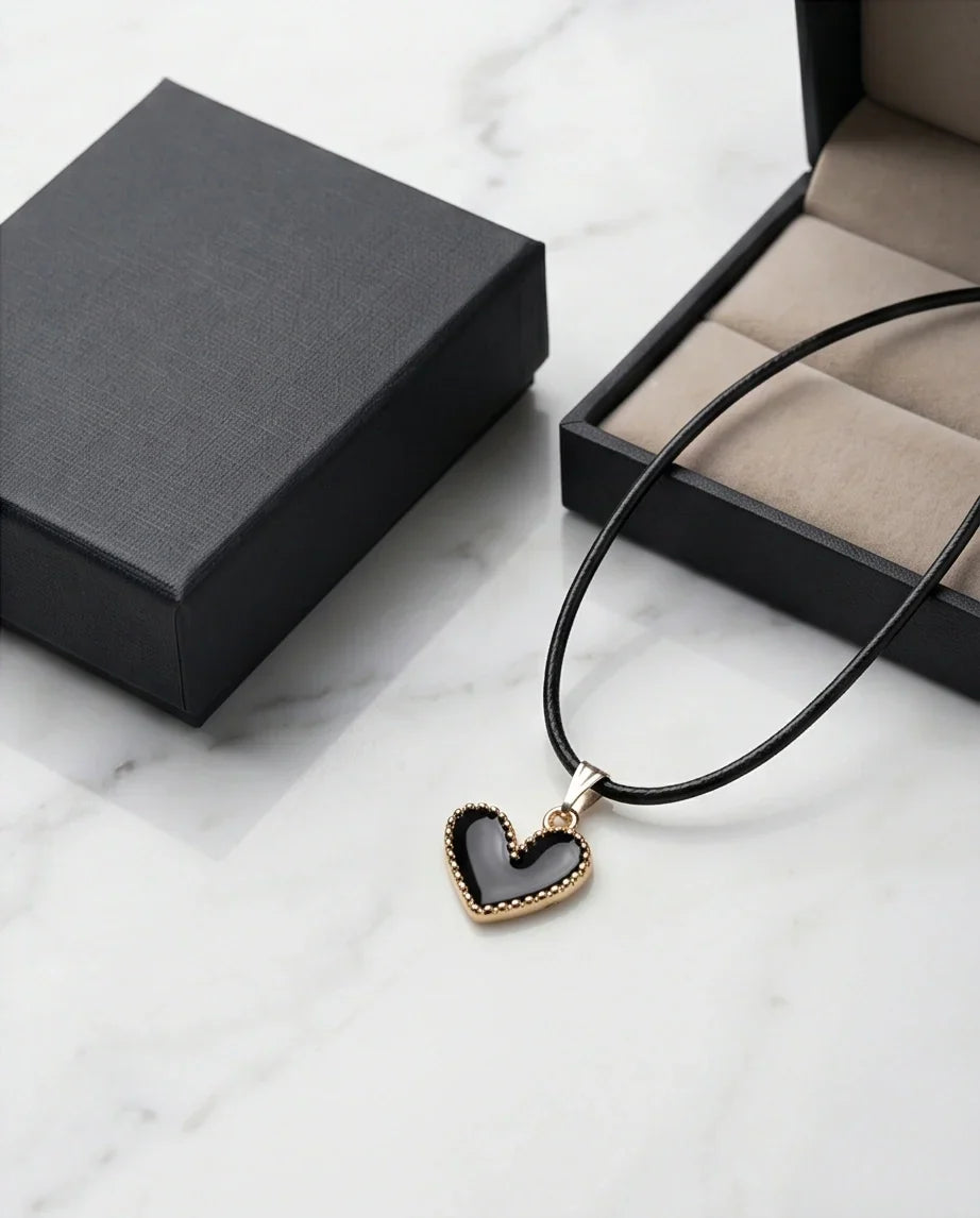 Gold Beaded Black Enamel Heart Necklace