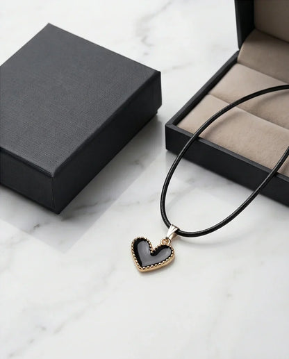 Gold Beaded Black Enamel Heart Necklace