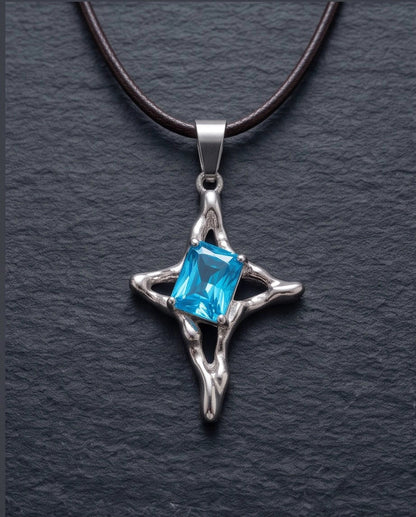 Silver Blue Gemstone Gothic Cross Pendant Necklace