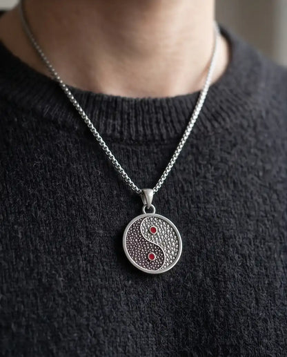 Red Gemstone Stippled Yin Yang Medallion Silver Box Chain Necklace