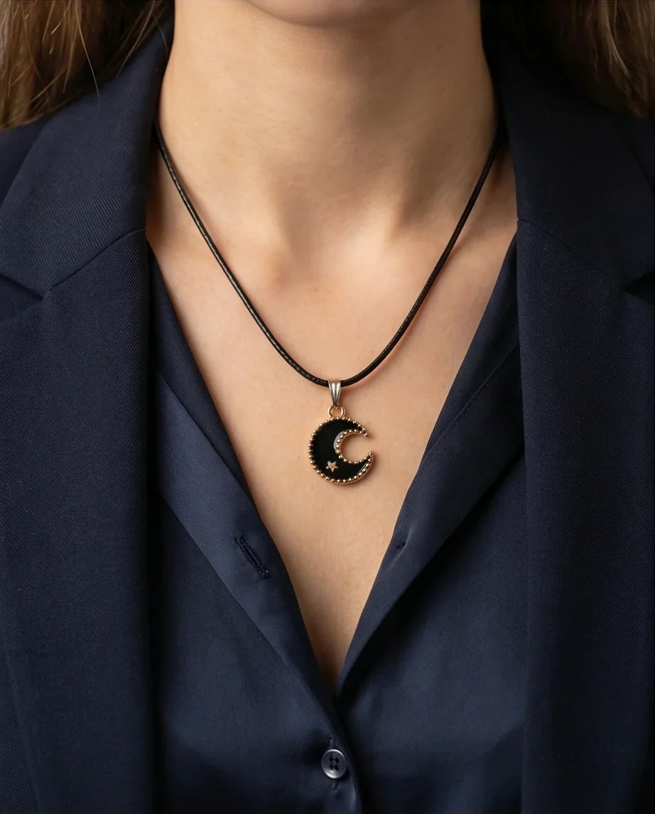 Gold Beaded Crescent Moon and Star Necklace