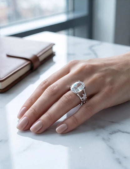 Silver Oval Quartz Botanical Solitaire Ring