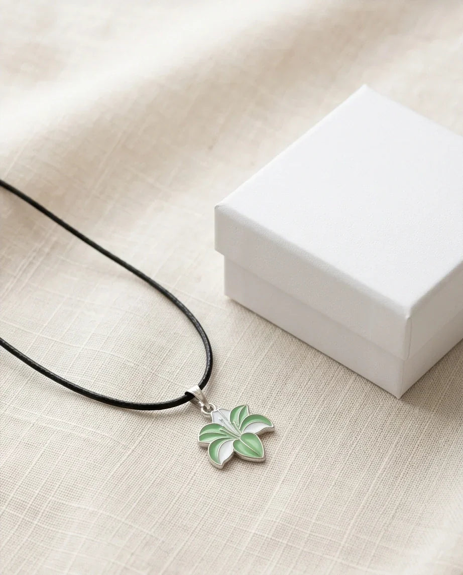 Elegant Green and White Lily Enamel Pendant Necklace