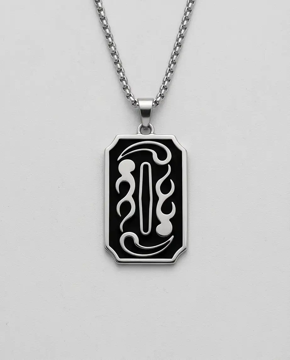 Moon Phase Abstract Calligraphy Tag Silver Box Chain Necklace