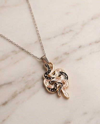 Gold Floral Serpent Enamel Pendant Necklace