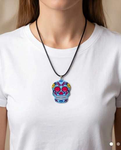 Vibrant Light Blue Sugar Skull Día de los Muertos Pendant Necklace