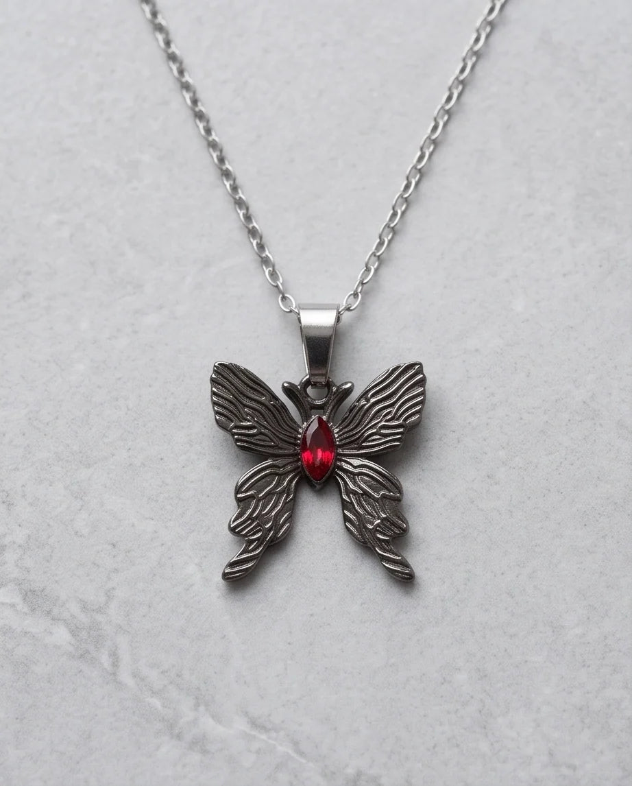 Black Textured Butterfly Red Gem Pendant Necklace