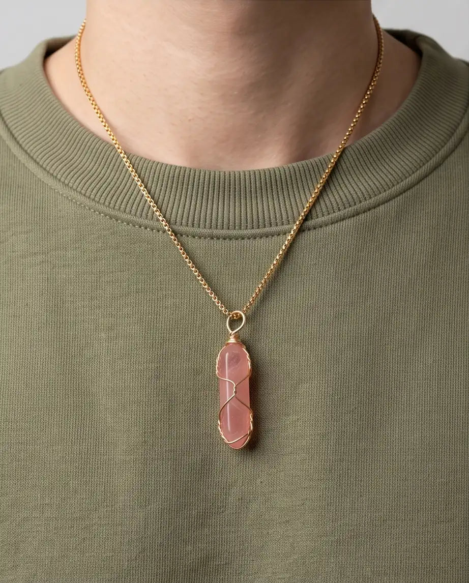 Wire-Wrapped Rose Quartz Crystal Point Pendant Box Chain