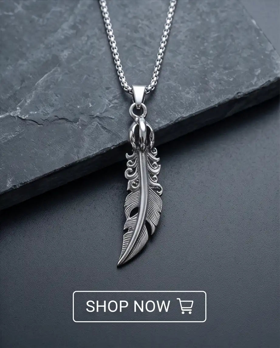 Gothic Filigree Feather Pendant Silver Box Chain Necklace