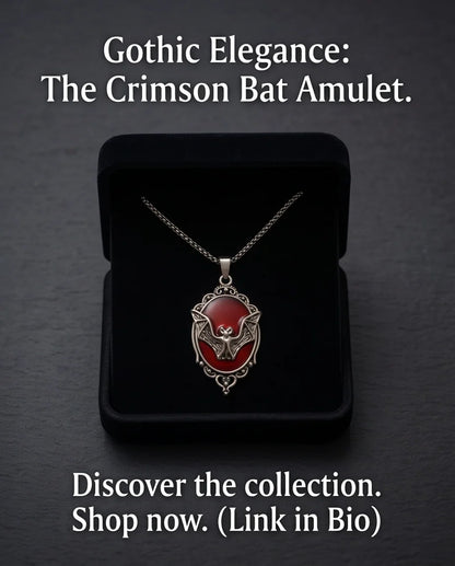 Antique Silver Gothic Bat Red Enamel Medallion Chain Necklace