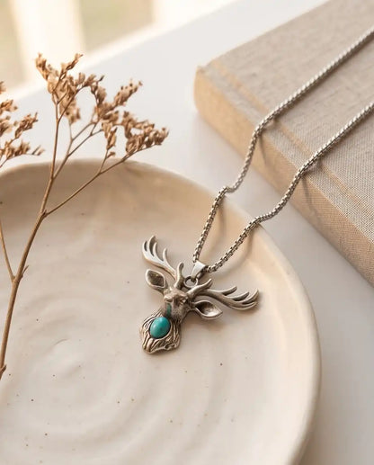 Turquoise Stone Stag Head Pendant Box Chain