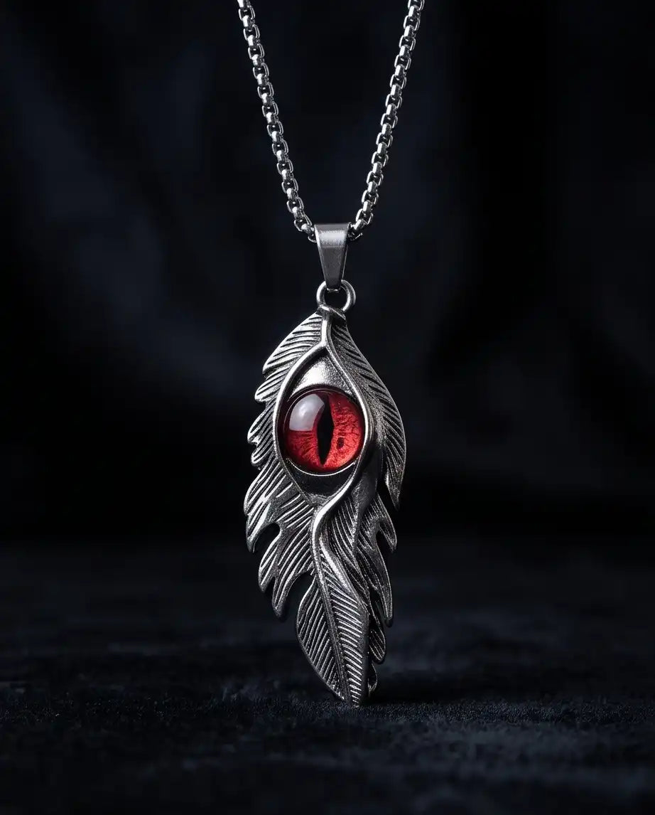 Red Dragon Eye Feather Pendant Box Chain