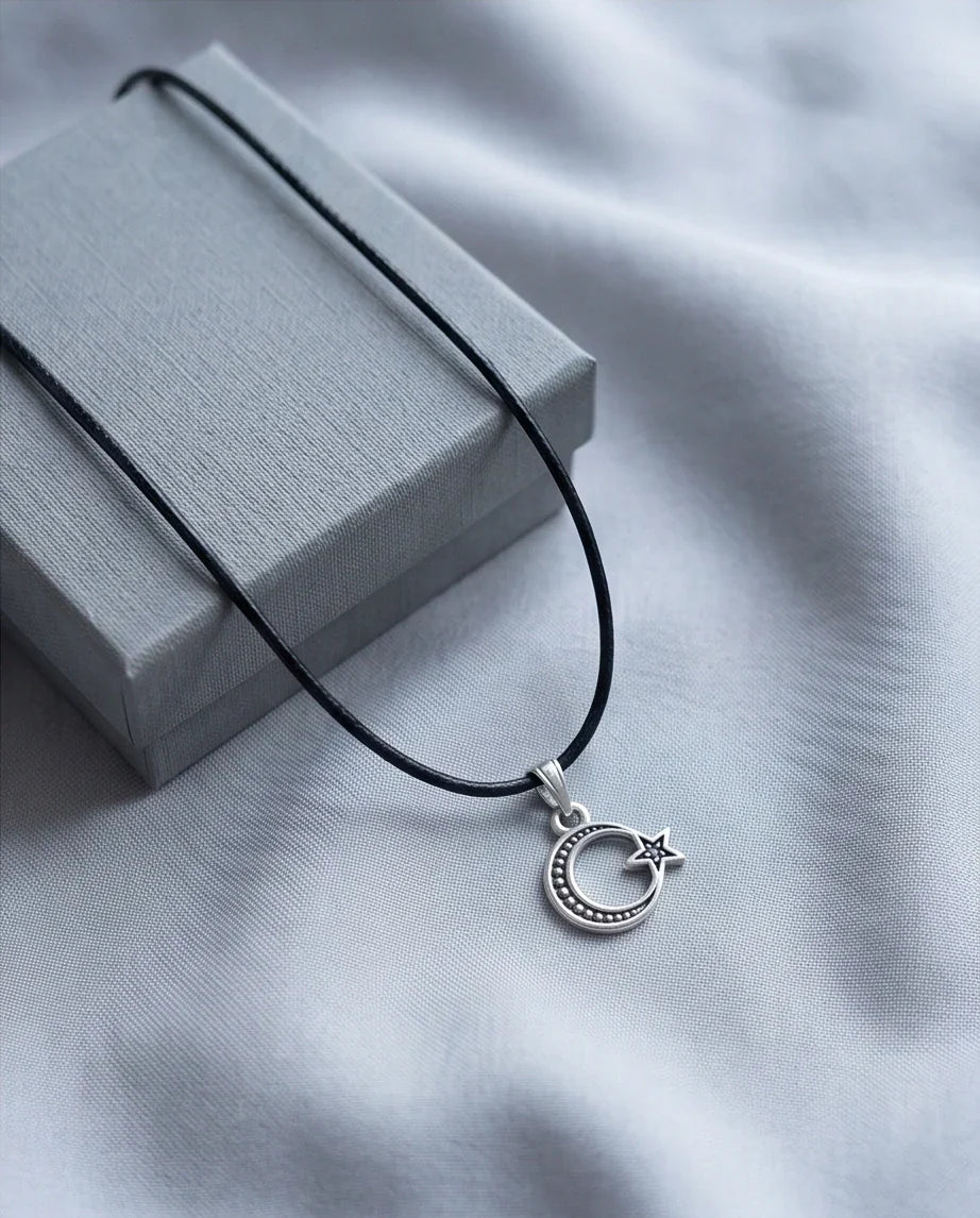 The Celestial Path: Matte Silver Crescent Moon & Star Pendant Necklace