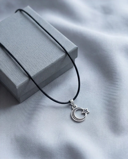 The Celestial Path: Matte Silver Crescent Moon & Star Pendant Necklace