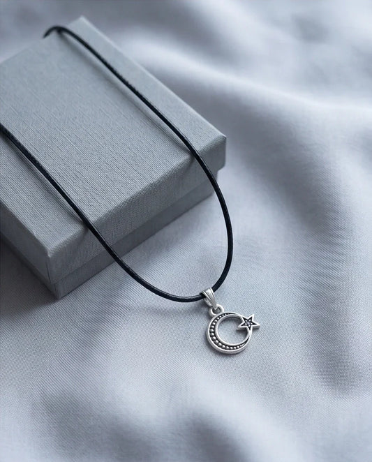 The Celestial Path: Matte Silver Crescent Moon & Star Pendant Necklace
