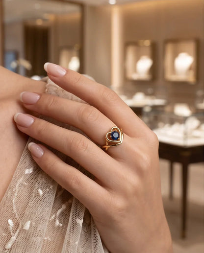 Gold Sapphire Heart-Shaped Openwork Ring