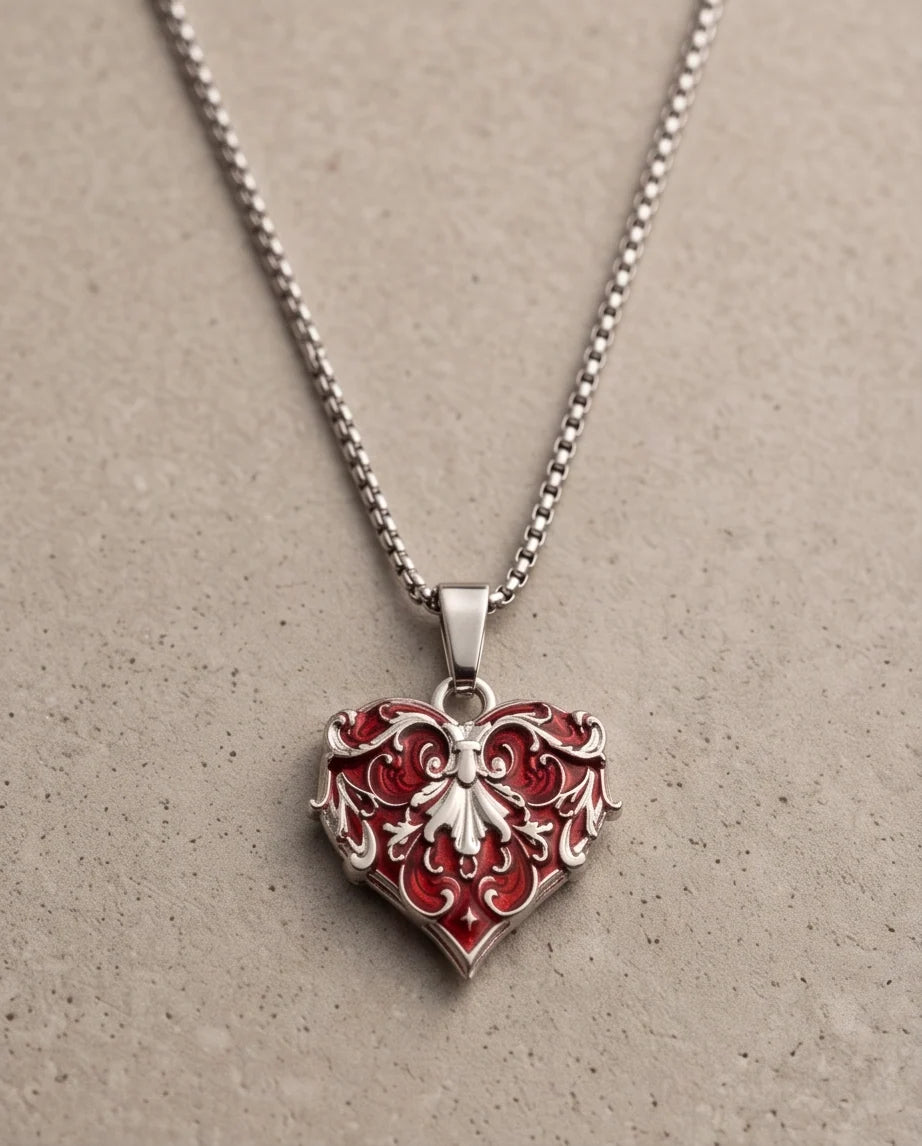 Silver Red Enamel Filigree Heart Pendant Necklace