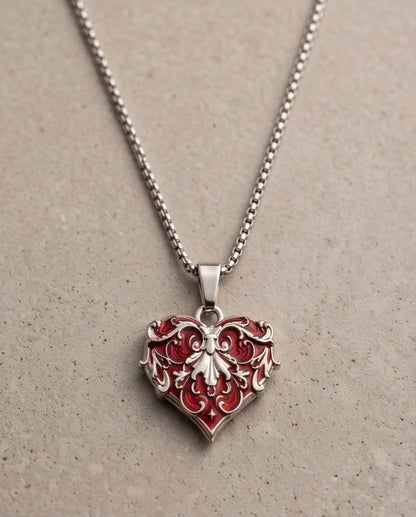 Silver Red Enamel Filigree Heart Pendant Necklace