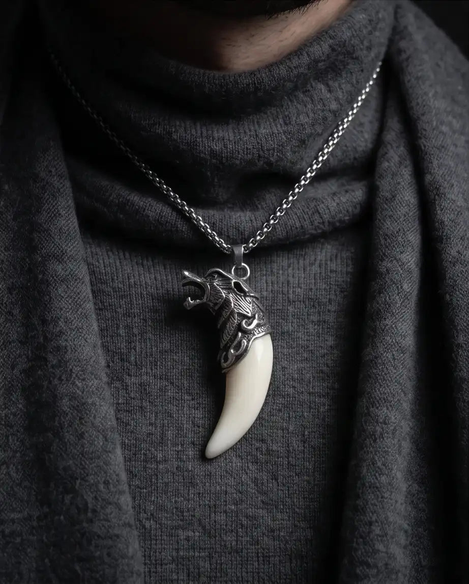 Viking Wolf Fang Pendant Box Chain