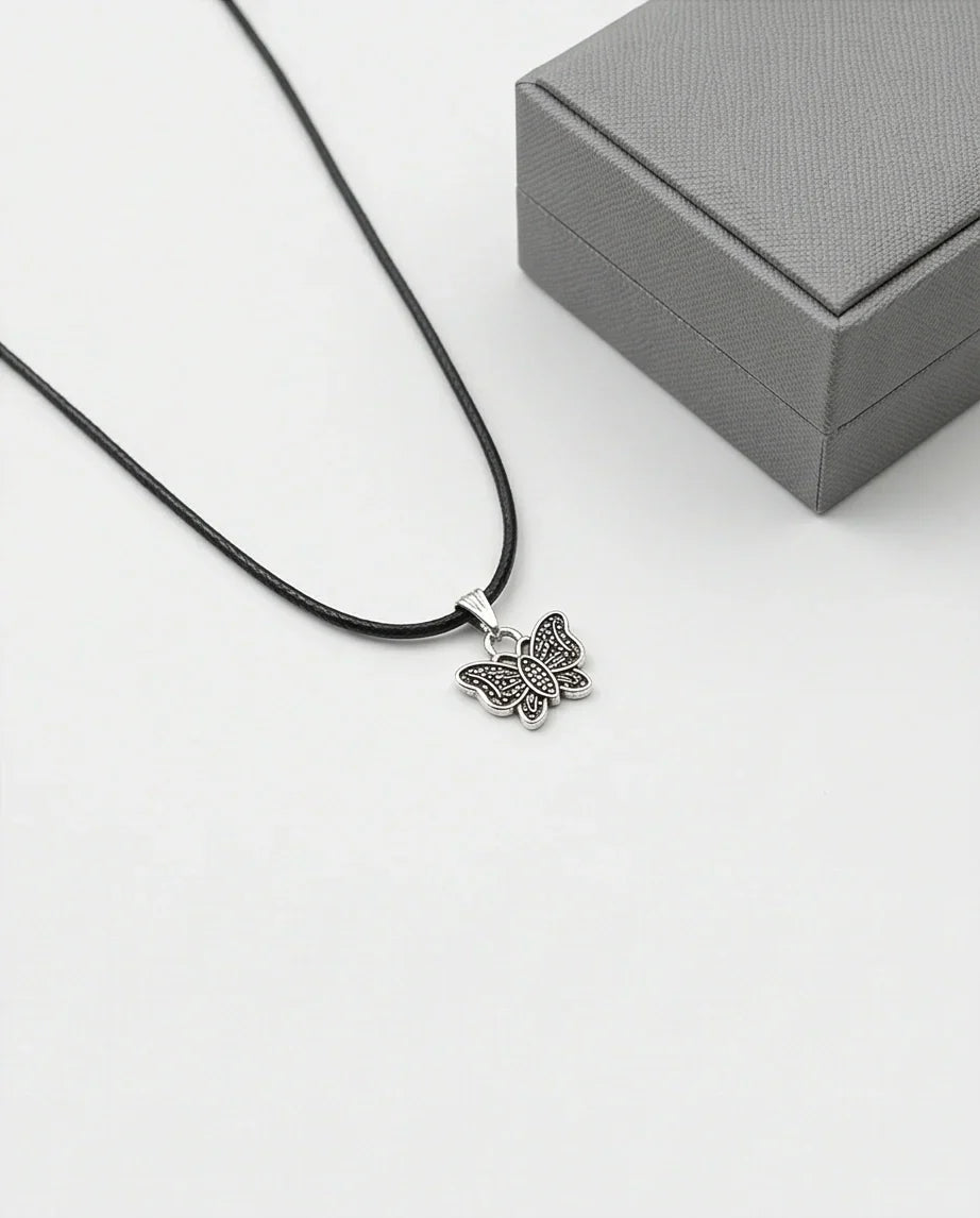 Silver Textured Butterfly Pendant Necklace