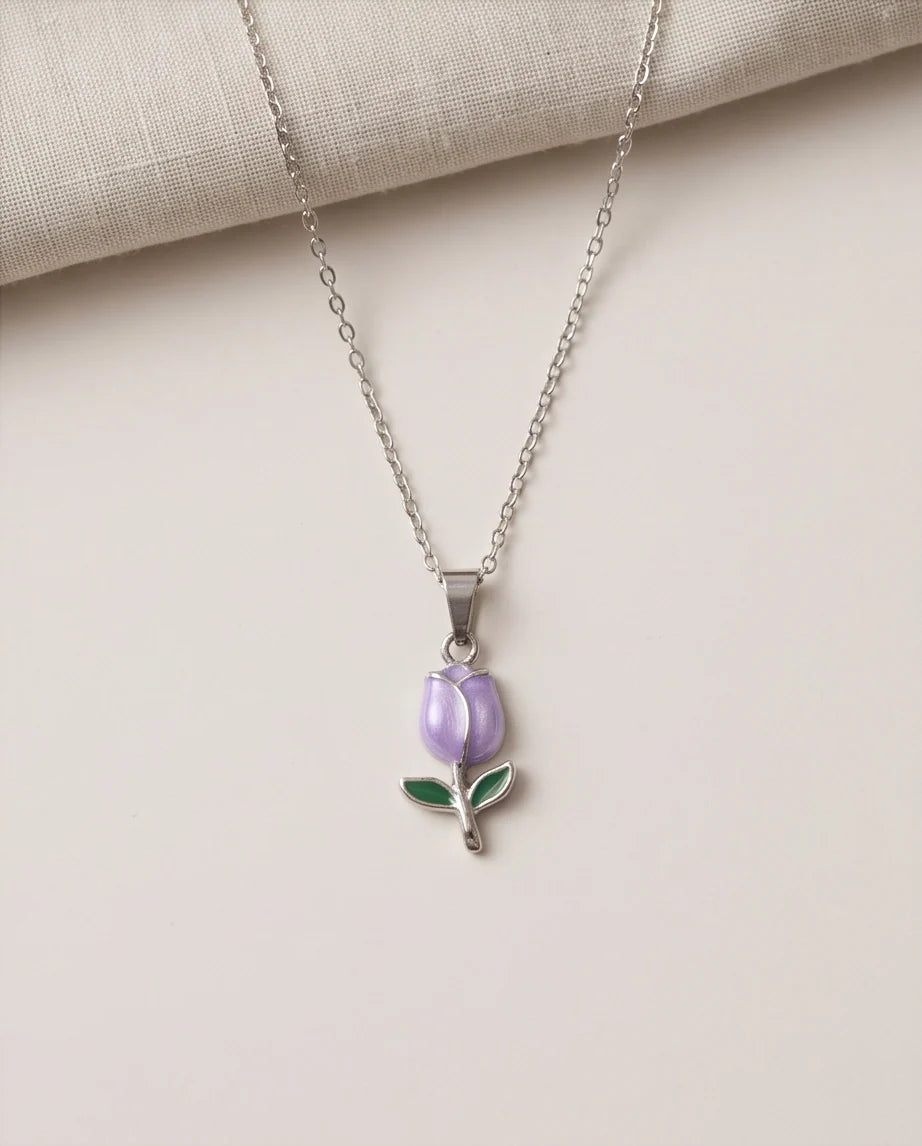 Silver Purple Enamel Tulip Pendant Necklace