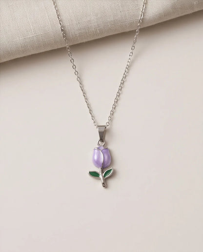 Silver Purple Enamel Tulip Pendant Necklace