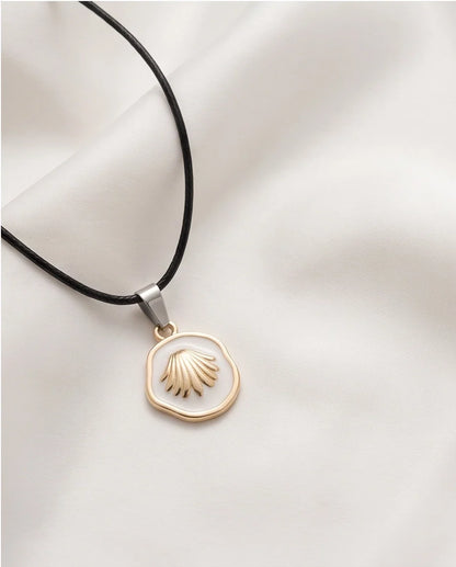 Gold White Enamel Seashell Medallion Pendant Necklace