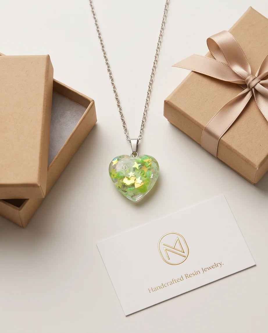 Silver Lime Green Glitter Heart Resin Pendant Necklace