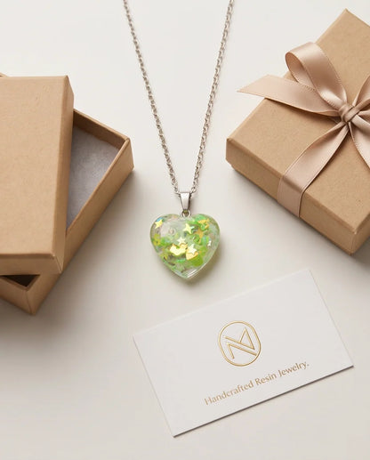 Silver Lime Green Glitter Heart Resin Pendant Necklace