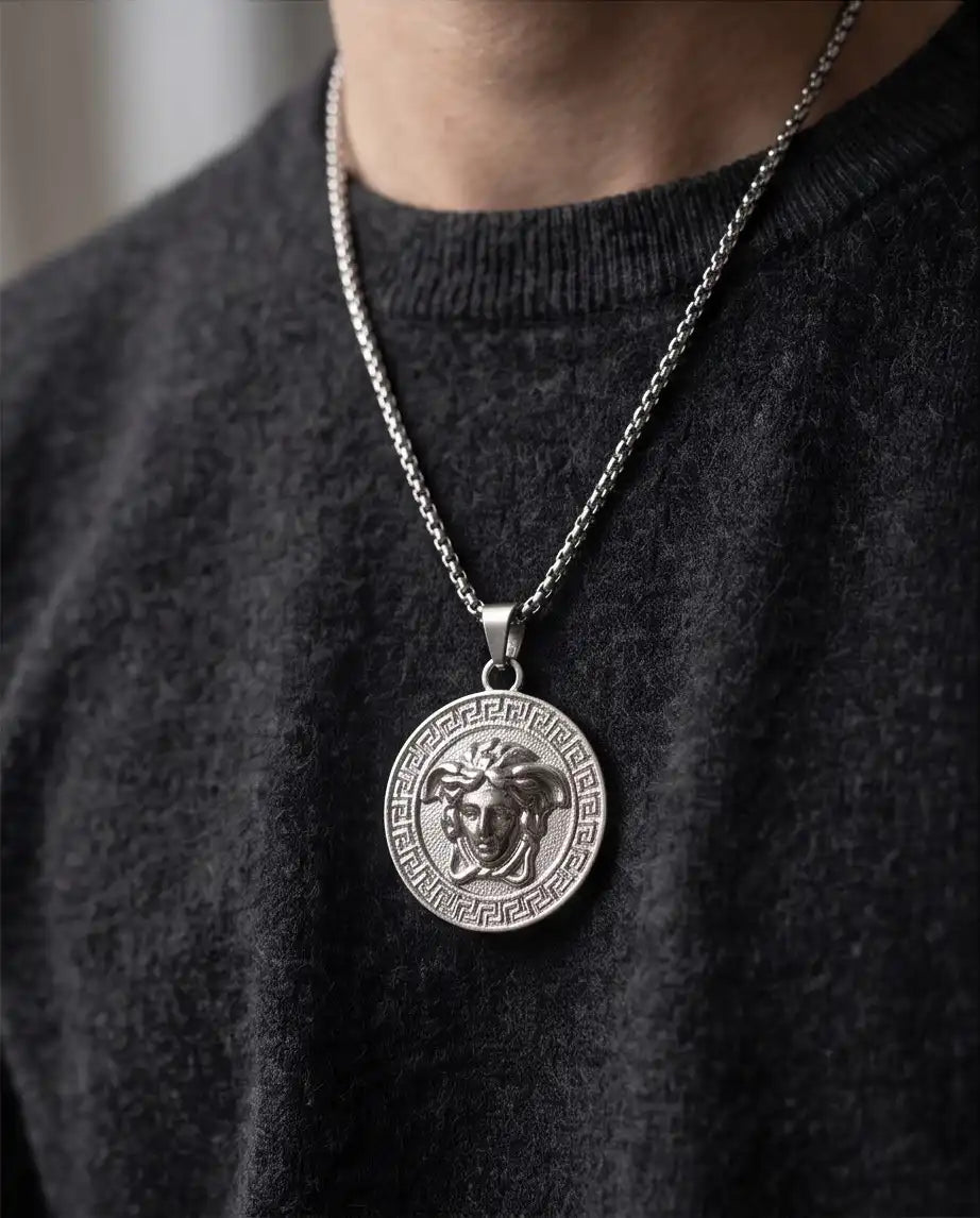 Greek Medusa Gorgon Medallion Pendant Box Chain