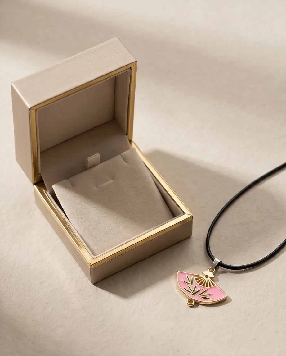 Pink Enamel Bamboo Fan Pendant Necklace