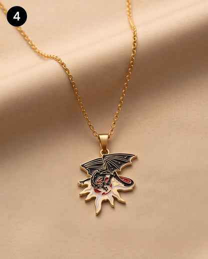 Gold Celestial Sun Dragon Enamel Pendant Necklace