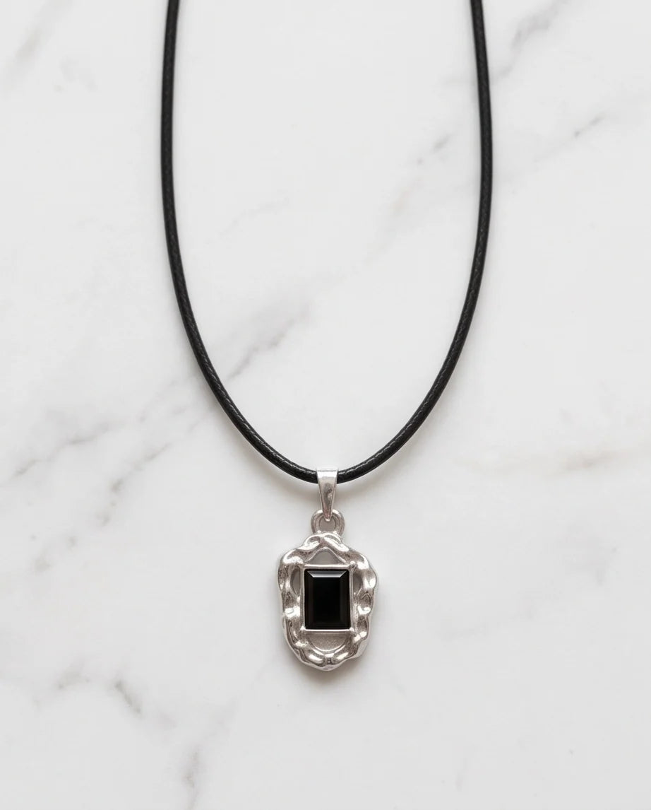 Liquid Metal Rectangular Black Gemstone Necklace
