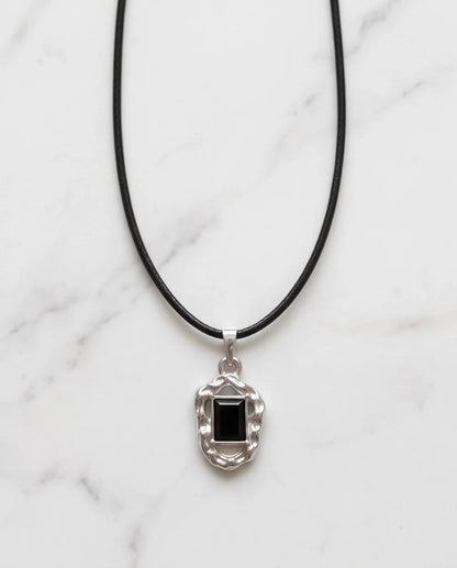 Liquid Metal Rectangular Black Gemstone Necklace