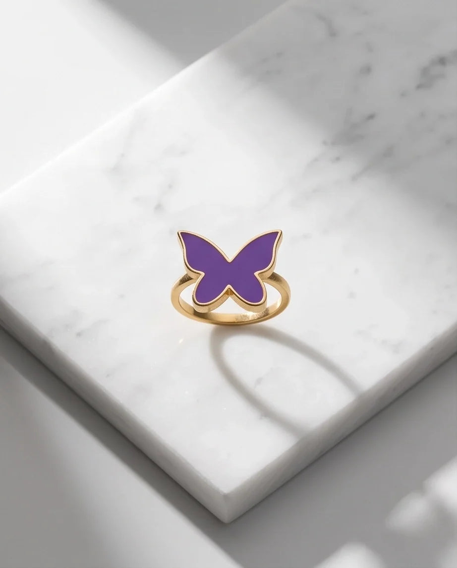 Gold Purple Butterfly Enamel Ring