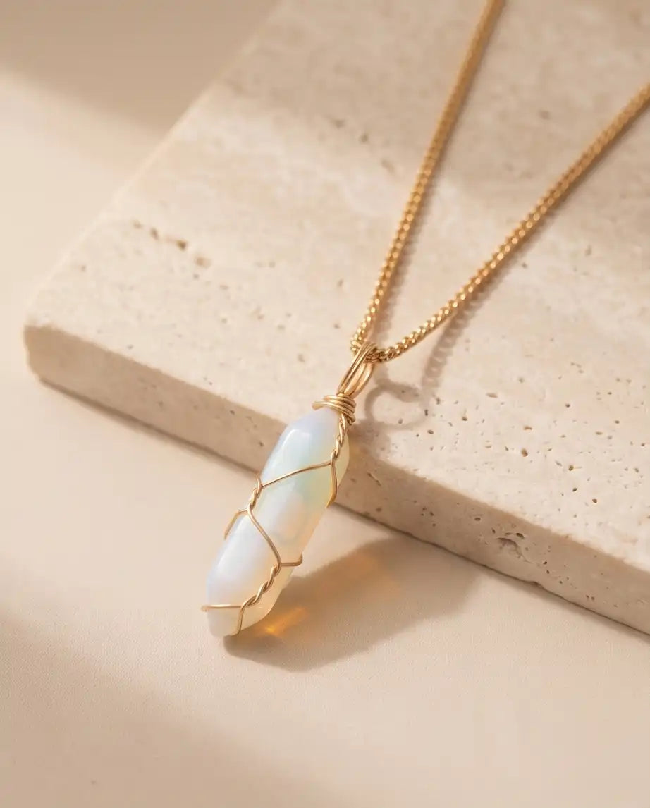 Wire-Wrapped Synthetic Opal Crystal Point Pendant Box Chain