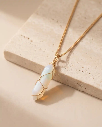 Wire-Wrapped Synthetic Opal Crystal Point Pendant Box Chain