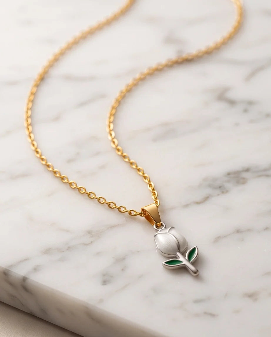 Silver White Enamel Tulip Pendant Necklace
