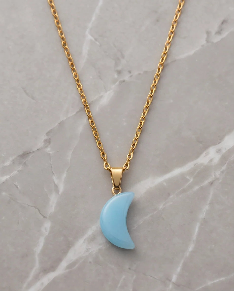Silver Light Blue Crescent Moon Resin Pendant Necklace