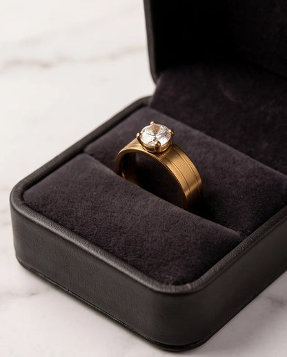 Gold Round Gemstone Wide-Band Solitaire Ring