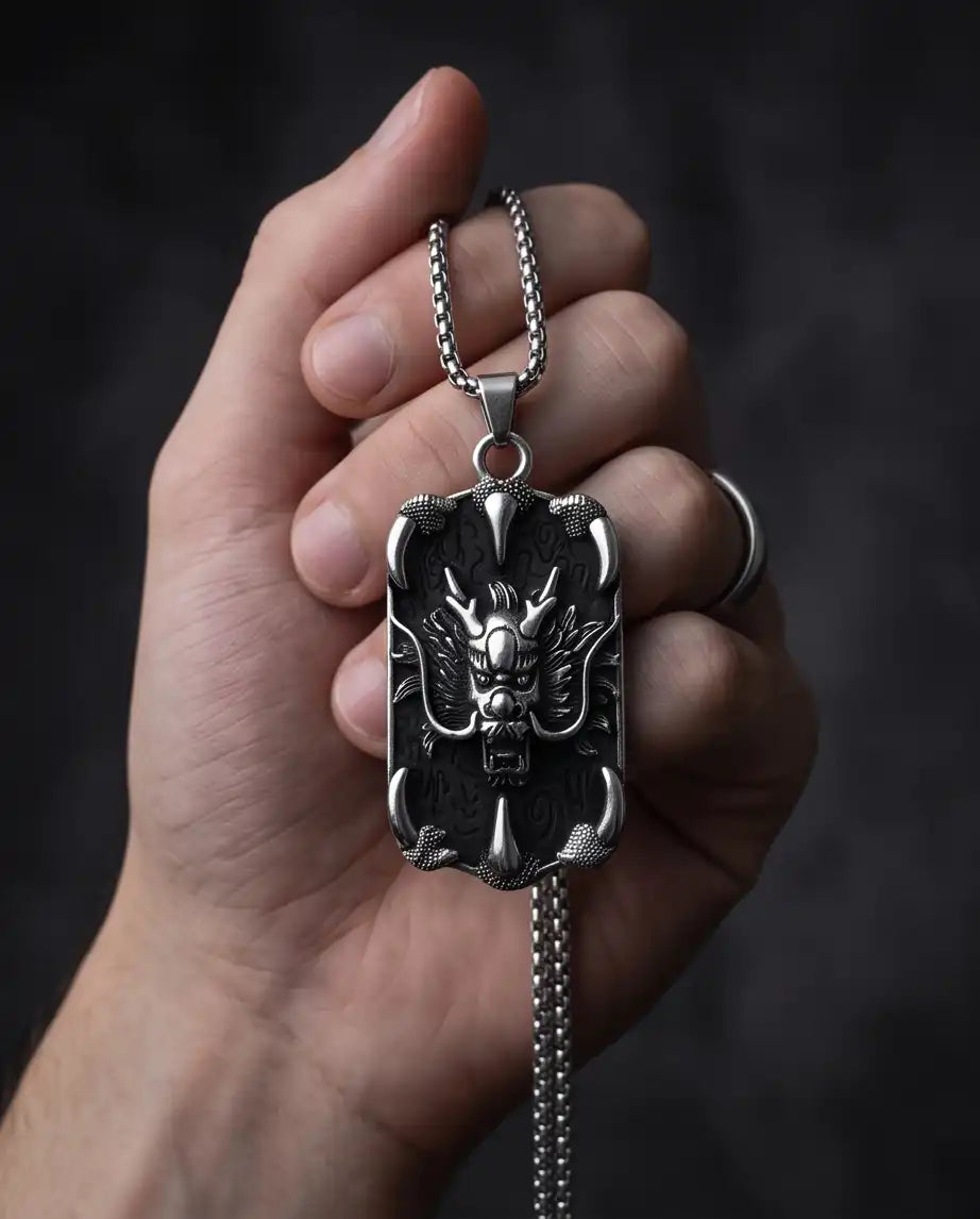 Gothic Dragon Claw Tag Silver Box Chain Necklace