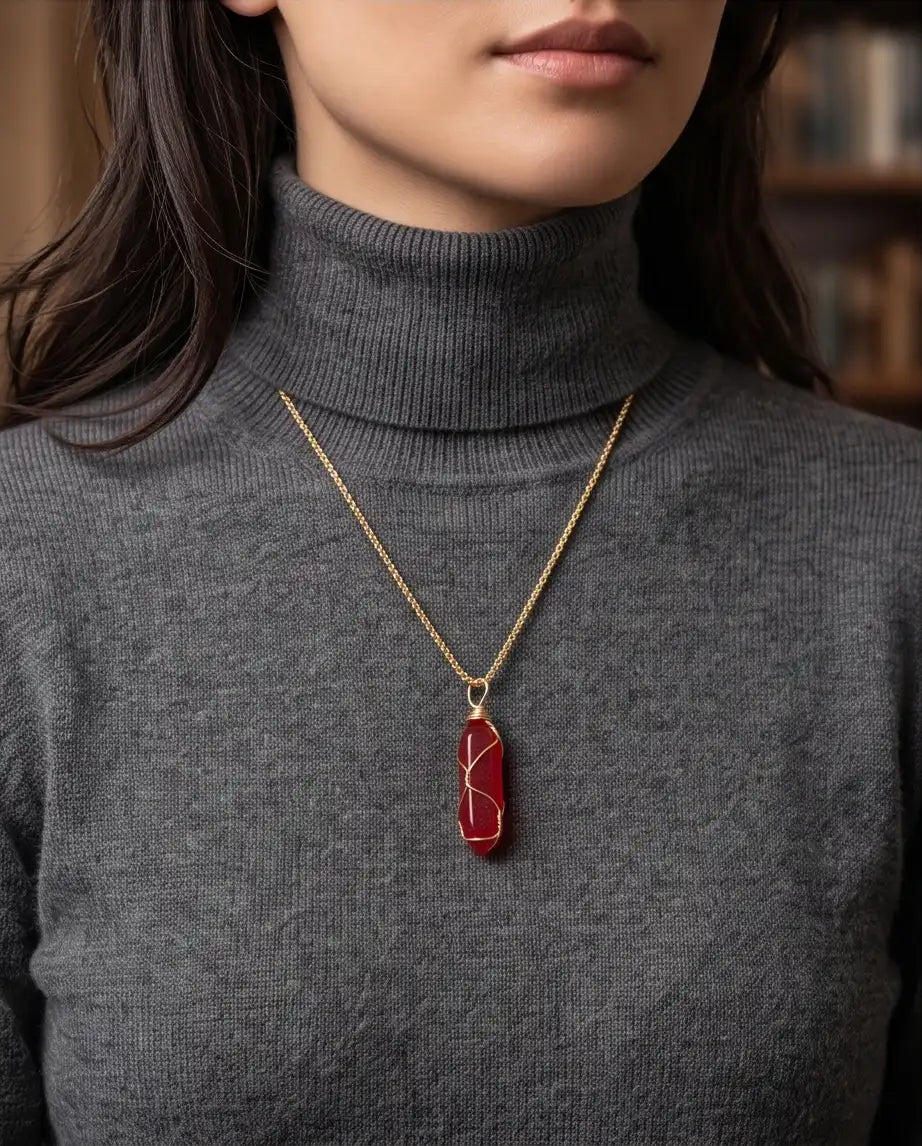 Wire-Wrapped Red Crystal Point Pendant Box Chain