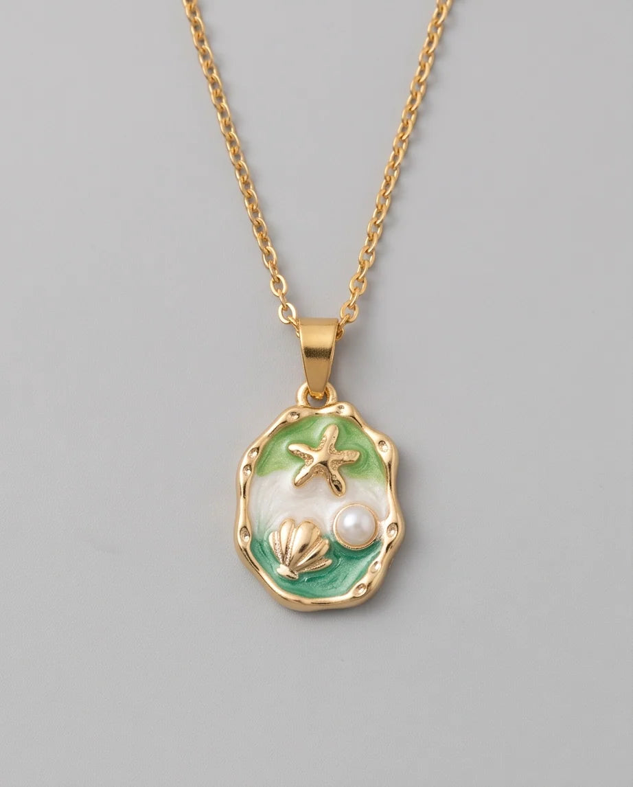 Silver Green Seashell Starfish Pearl Enamel Medallion Chain Necklace