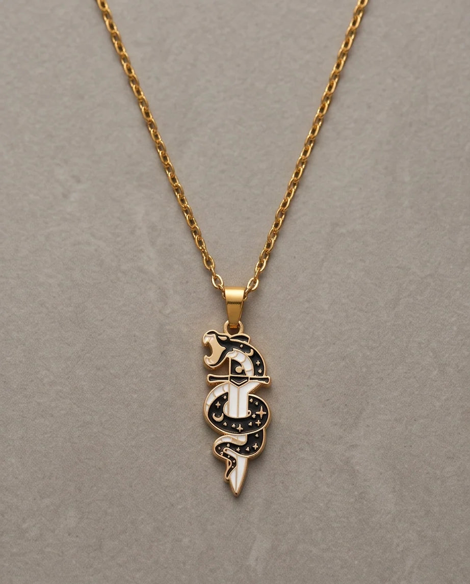 Gold Snake & Dagger Celestial Enamel Pendant Necklace