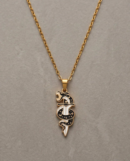 Gold Snake & Dagger Celestial Enamel Pendant Necklace