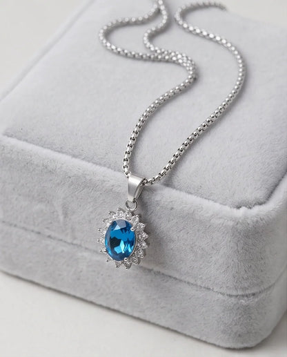 Silver London Blue Oval Halo Medallion Pendant Necklace