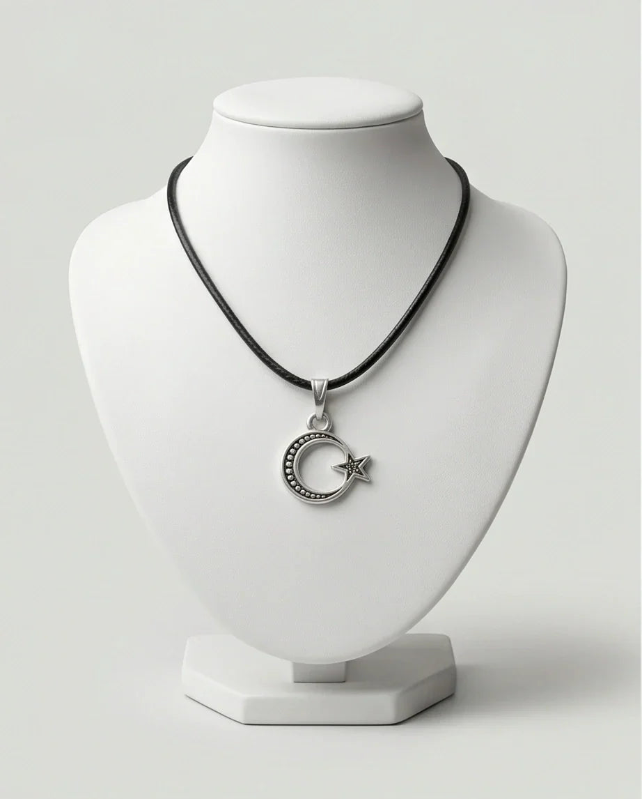 The Celestial Path: Matte Silver Crescent Moon & Star Pendant Necklace