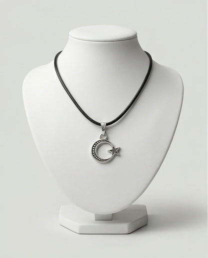 The Celestial Path: Matte Silver Crescent Moon & Star Pendant Necklace