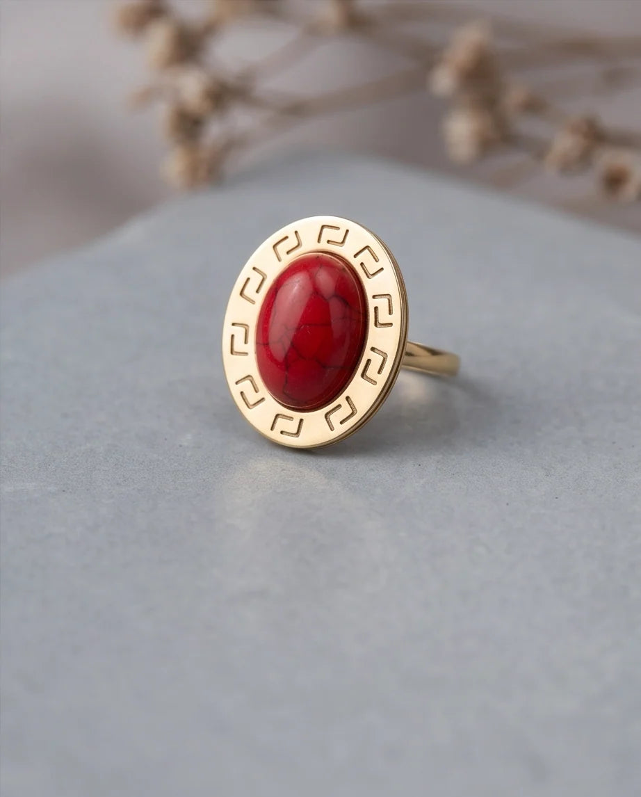 Solstice Greek Key Crimson Cabochon Ring