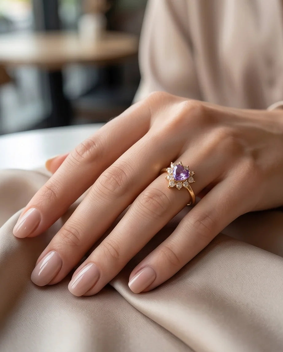 Gold Purple Heart Gemstone Halo Ring